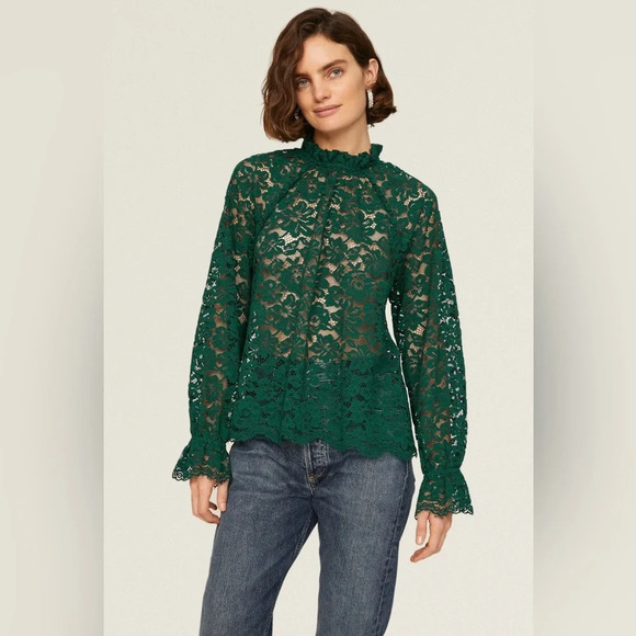 Hill House Tops - Hill House XXL Dark Green Crochet Lace Millie Top Blouse Sheer Holiday Christmas